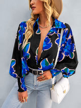 Women’s Loose Fit Button Up Floral Blouse With Folded Collar And Ruffle Scrunched Sleeves