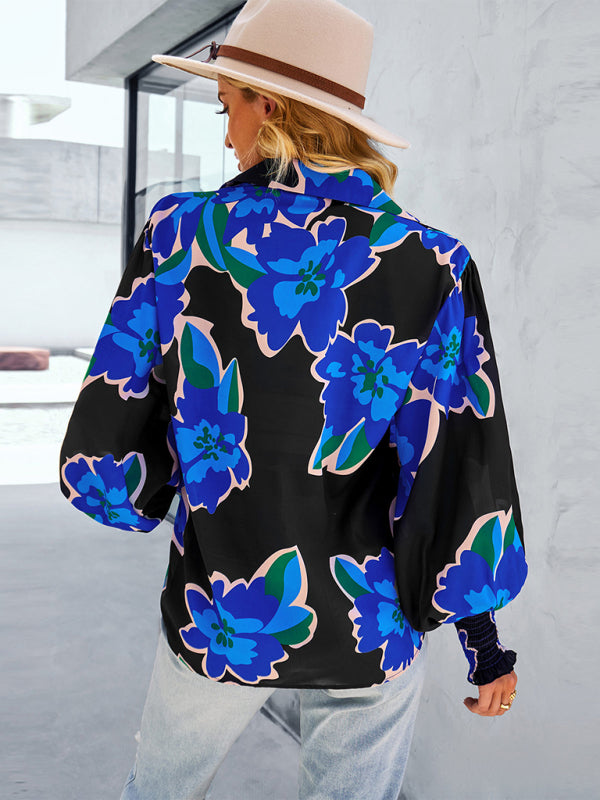 Women’s Loose Fit Button Up Floral Blouse With Folded Collar And Ruffle Scrunched Sleeves