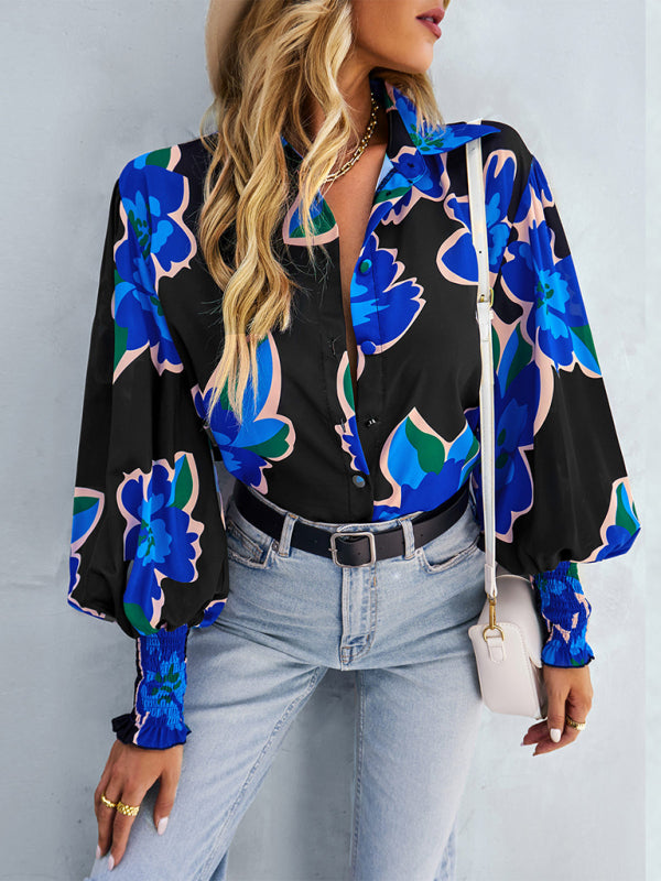 Women’s Loose Fit Button Up Floral Blouse With Folded Collar And Ruffle Scrunched Sleeves
