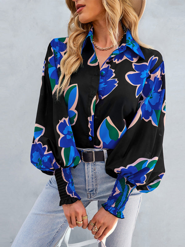 Women’s Loose Fit Button Up Floral Blouse With Folded Collar And Ruffle Scrunched Sleeves