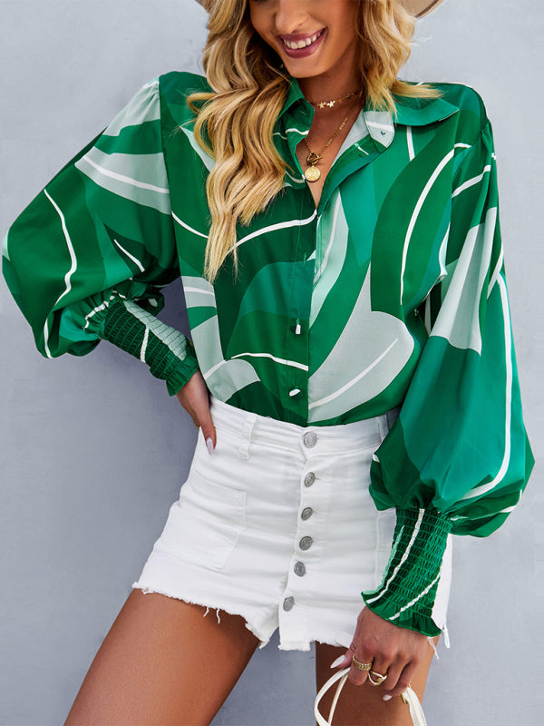 Women’s Loose Fit Button Up Floral Blouse With Folded Collar And Ruffle Scrunched Sleeves