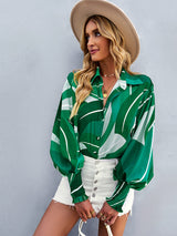 Women’s Loose Fit Button Up Floral Blouse With Folded Collar And Ruffle Scrunched Sleeves