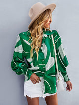 Women’s Loose Fit Button Up Floral Blouse With Folded Collar And Ruffle Scrunched Sleeves