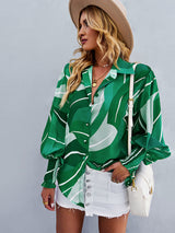 Women’s Loose Fit Button Up Floral Blouse With Folded Collar And Ruffle Scrunched Sleeves
