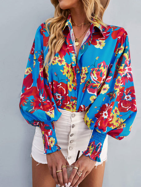 Women’s Loose Fit Button Up Floral Blouse With Folded Collar And Ruffle Scrunched Sleeves