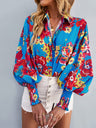 Women’s Loose Fit Button Up Floral Blouse With Folded Collar And Ruffle Scrunched Sleeves