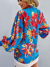 Women’s Loose Fit Button Up Floral Blouse With Folded Collar And Ruffle Scrunched Sleeves