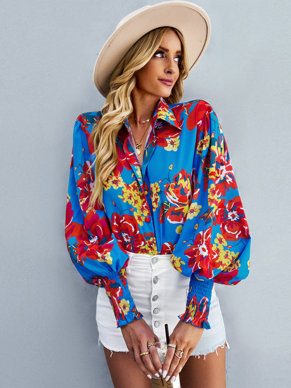 Women’s Loose Fit Button Up Floral Blouse With Folded Collar And Ruffle Scrunched Sleeves