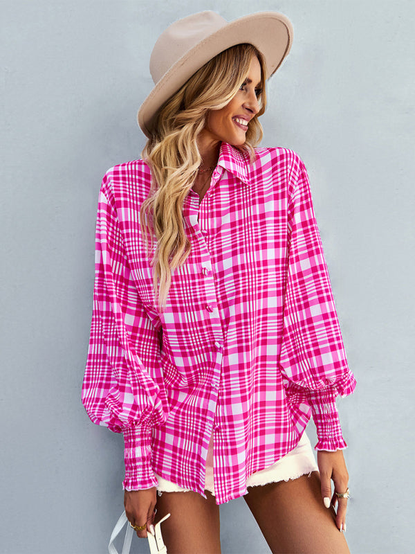 Women’s Loose Fit Button Up Floral Blouse With Folded Collar And Ruffle Scrunched Sleeves