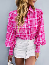 Women’s Loose Fit Button Up Floral Blouse With Folded Collar And Ruffle Scrunched Sleeves