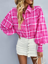 Women’s Loose Fit Button Up Floral Blouse With Folded Collar And Ruffle Scrunched Sleeves