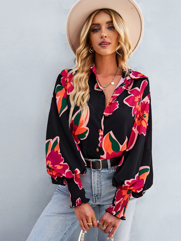 Women’s Loose Fit Button Up Floral Blouse With Folded Collar And Ruffle Scrunched Sleeves