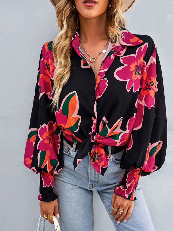 Women’s Loose Fit Button Up Floral Blouse With Folded Collar And Ruffle Scrunched Sleeves