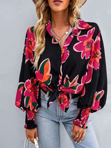 Women’s Loose Fit Button Up Floral Blouse With Folded Collar And Ruffle Scrunched Sleeves