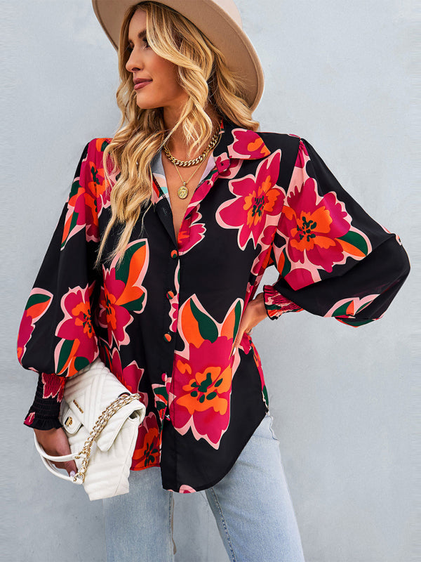 Women’s Loose Fit Button Up Floral Blouse With Folded Collar And Ruffle Scrunched Sleeves