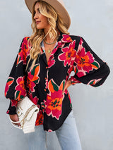 Women’s Loose Fit Button Up Floral Blouse With Folded Collar And Ruffle Scrunched Sleeves