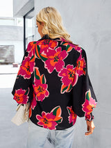 Women’s Loose Fit Button Up Floral Blouse With Folded Collar And Ruffle Scrunched Sleeves