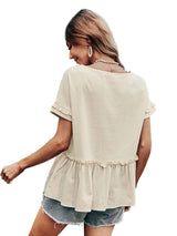 Women's casual loose round neck wrinkles, pure color short -sleeved T -shirt