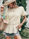 Women's casual loose round neck wrinkles, pure color short -sleeved T -shirt