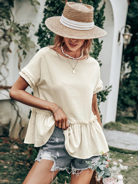 Women's casual loose round neck wrinkles, pure color short -sleeved T -shirt