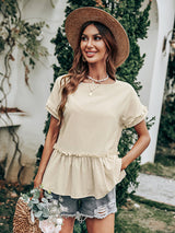 Women's casual loose round neck wrinkles, pure color short -sleeved T -shirt