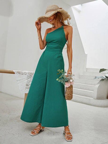 Women's sleeveless oblique shoulder -back sexy straight waist jumpsuit