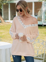 Women's Solid Color Cutout Lace Panel Waffle V-Neck Top