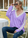 Women's Solid Color Cutout Lace Panel Waffle V-Neck Top