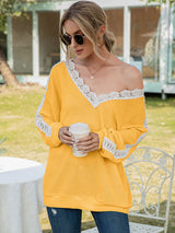Women's Solid Color Cutout Lace Panel Waffle V-Neck Top