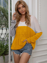 Women's Casual Loose Contrast Paneled Bat Long Sleeve Top