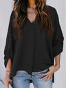 Women's Solid Color V-Neck Long Sleeve Casual Loose Shirt