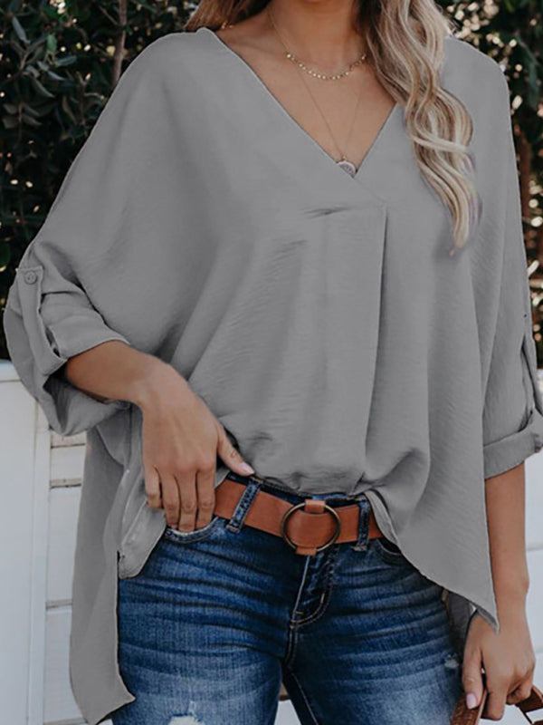 Women's Solid Color V-Neck Long Sleeve Casual Loose Shirt