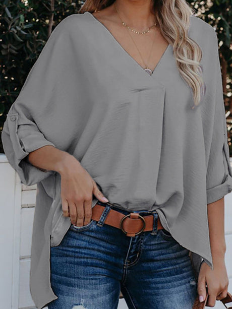 Women's Solid Color V-Neck Long Sleeve Casual Loose Shirt