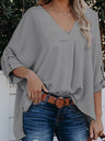 Women's Solid Color V-Neck Long Sleeve Casual Loose Shirt