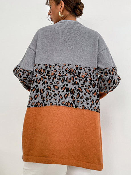 Women's Leopard Contrast Long Sleeve Cardigan Sweater