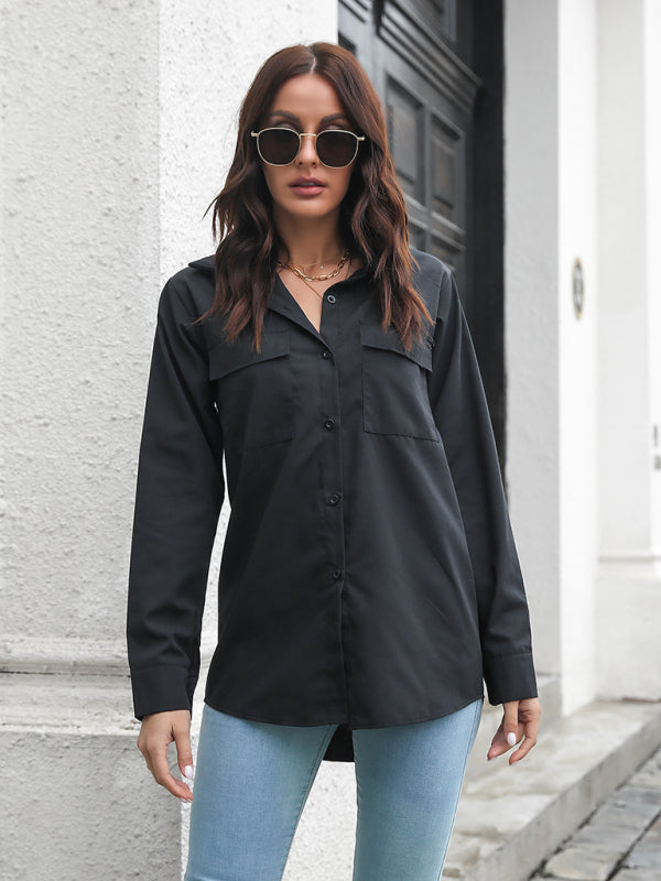 Women's double pocket long sleeve loose shirt