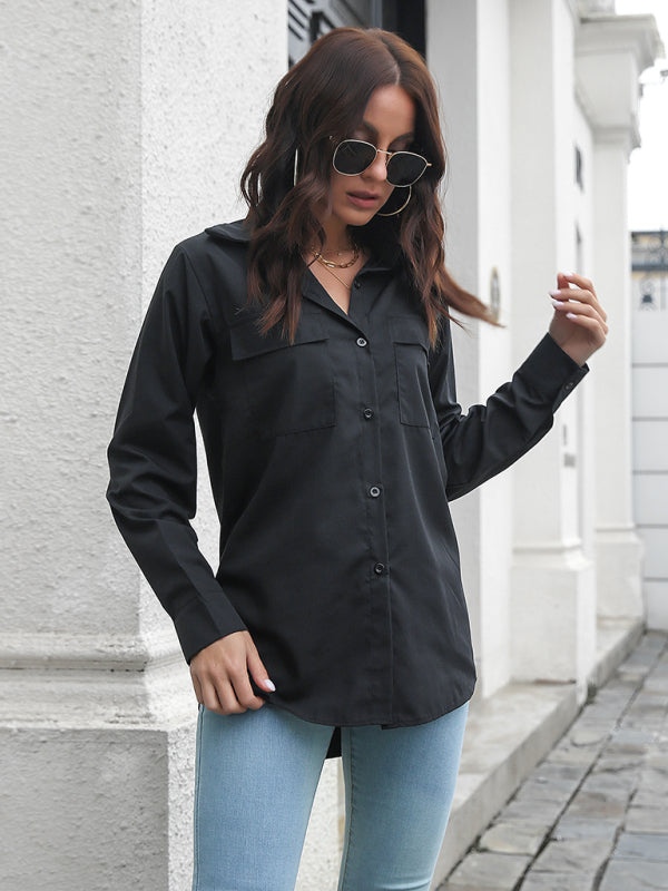 Women's double pocket long sleeve loose shirt
