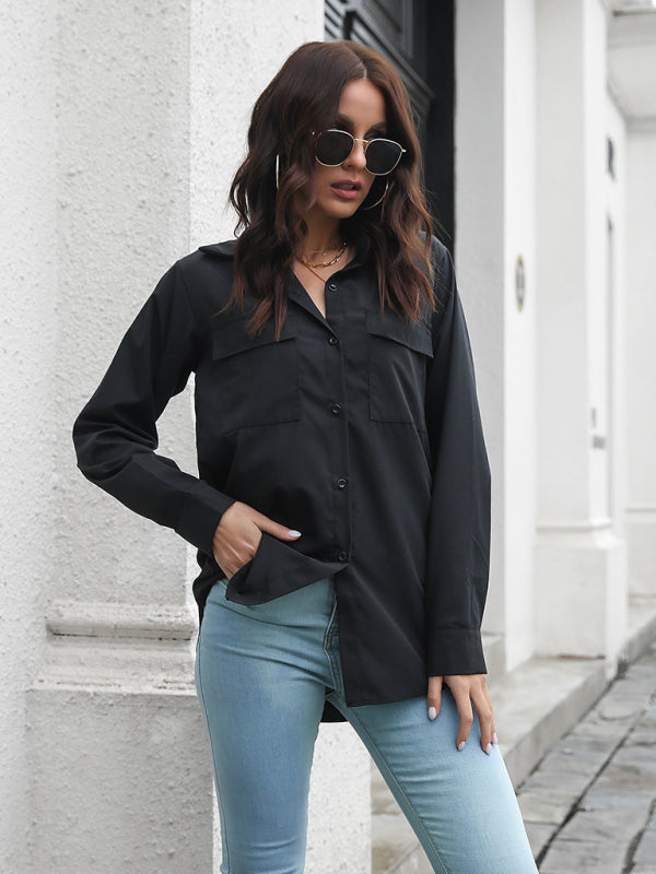 Women's double pocket long sleeve loose shirt