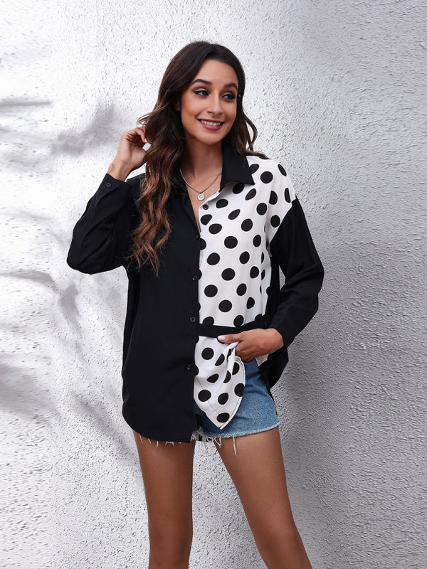 Women's polka chain checkerboard mosaic Long Sleeve Shirt