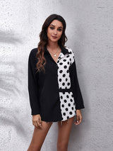 Women's polka chain checkerboard mosaic Long Sleeve Shirt
