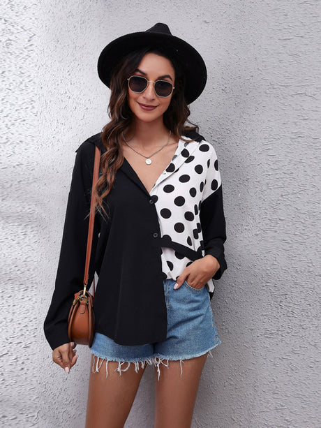 Women's polka chain checkerboard mosaic Long Sleeve Shirt