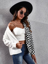 Women's suit collar checkerboard zebra stitched shirt