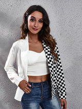Women's suit collar checkerboard zebra stitched shirt
