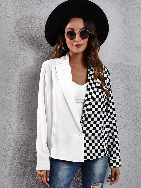 Women's suit collar checkerboard zebra stitched shirt