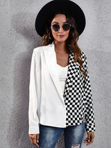 Women's suit collar checkerboard zebra stitched shirt