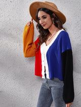 Women's contrast color knitted cardigan Color Matching short sweater