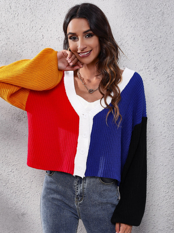 Women's contrast color knitted cardigan Color Matching short sweater