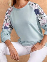 Women's Casual Floral Panel Sleeve Crew Neck Top