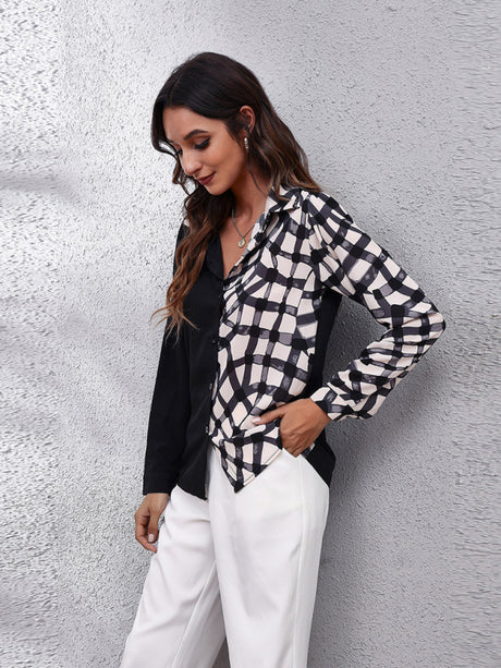 Women's Plaid stitched bubble sleeve Long Sleeve Shirt