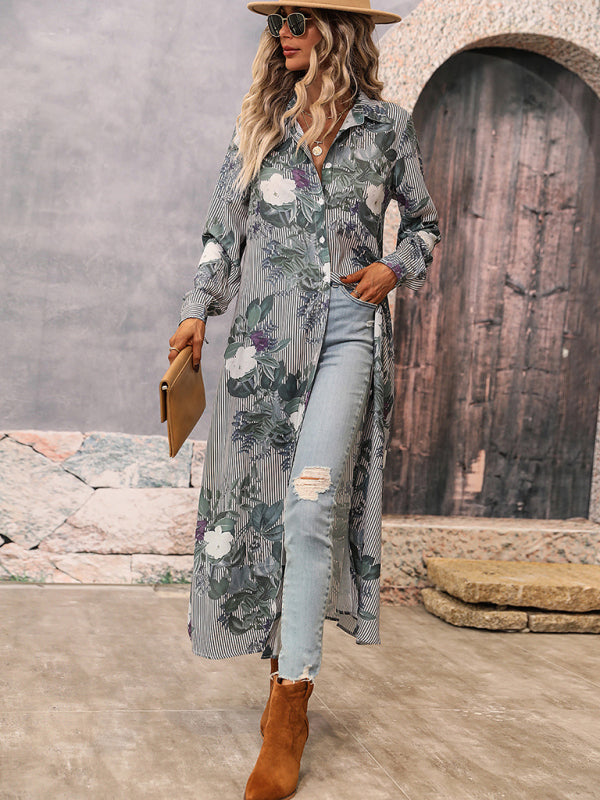 Woman'S Fall New Lapel Single Breasted Mid Length Slit Long Sleeve Pocket Dress